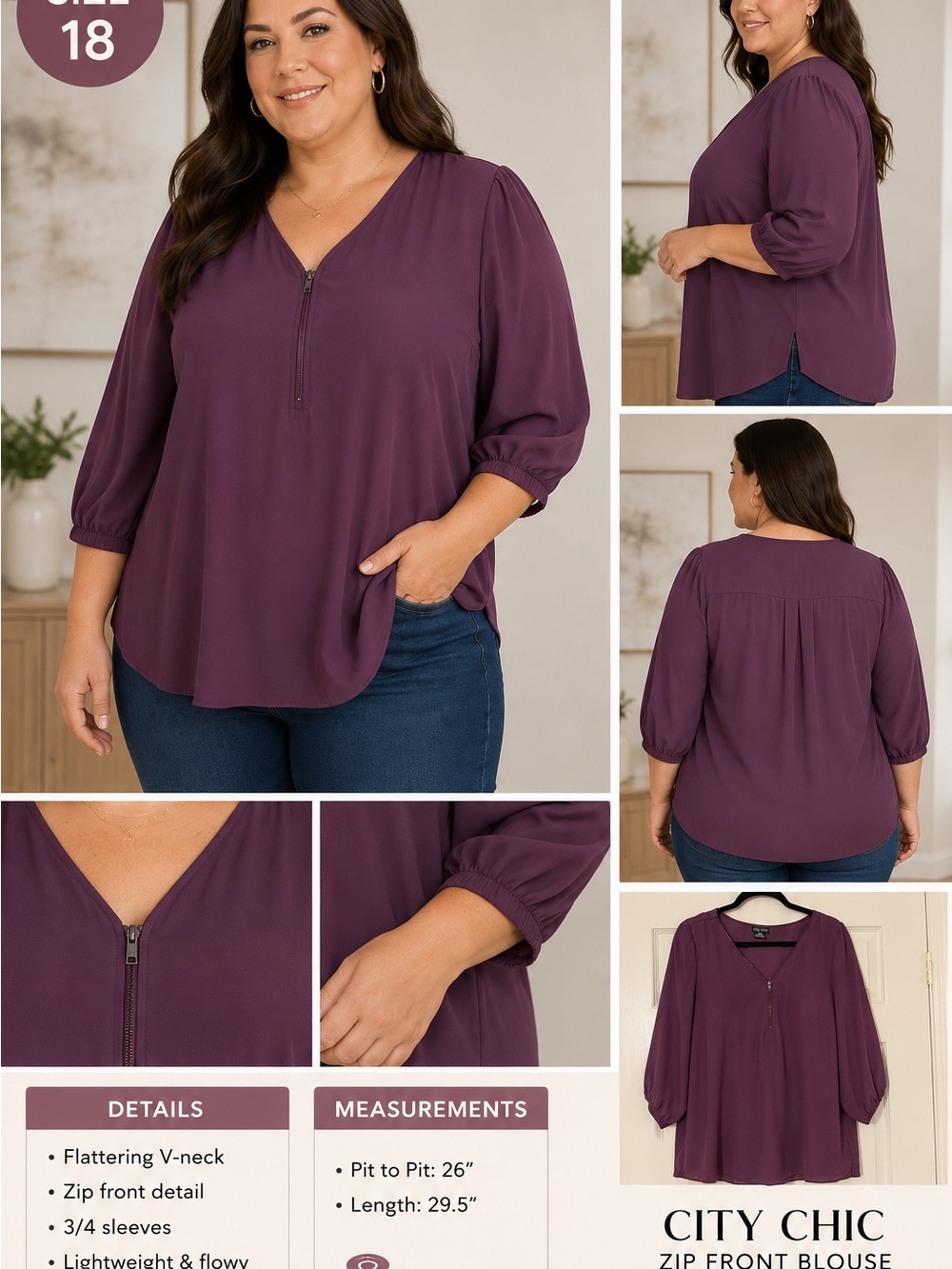 City Chic Plum Zip-Front V-Neck 3/4 Sleeve Blouse